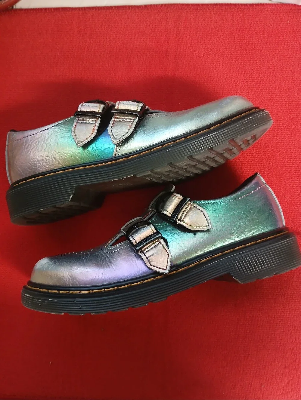 Dr. Martens Kids Iridescent Silver Double-Strap Mary Jane Shoes
